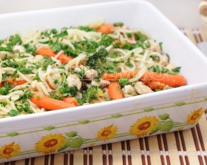 Спагетти с курицей и овощами тушеные на сковороде